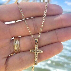 CZ Jesus Cross Necklace Womens Mens Girls Boys Figaro Chain 14" to 20"